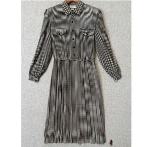 Vintage Leslie Fay Womens 16 Midi Dress Mod Black White Geometric Pleated Retro